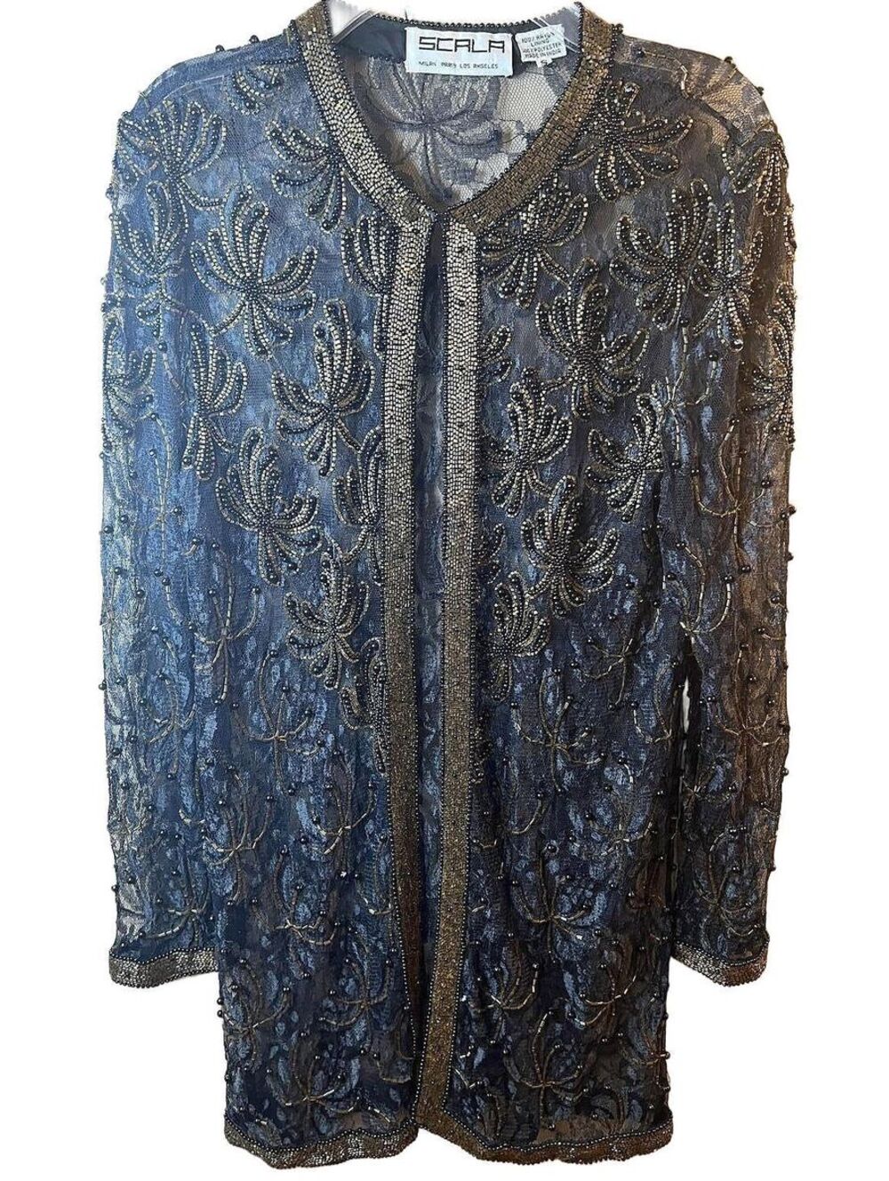 Vintage Scala Black Gold Beaded Sheer Lace Evening Duster Jacket S 90s